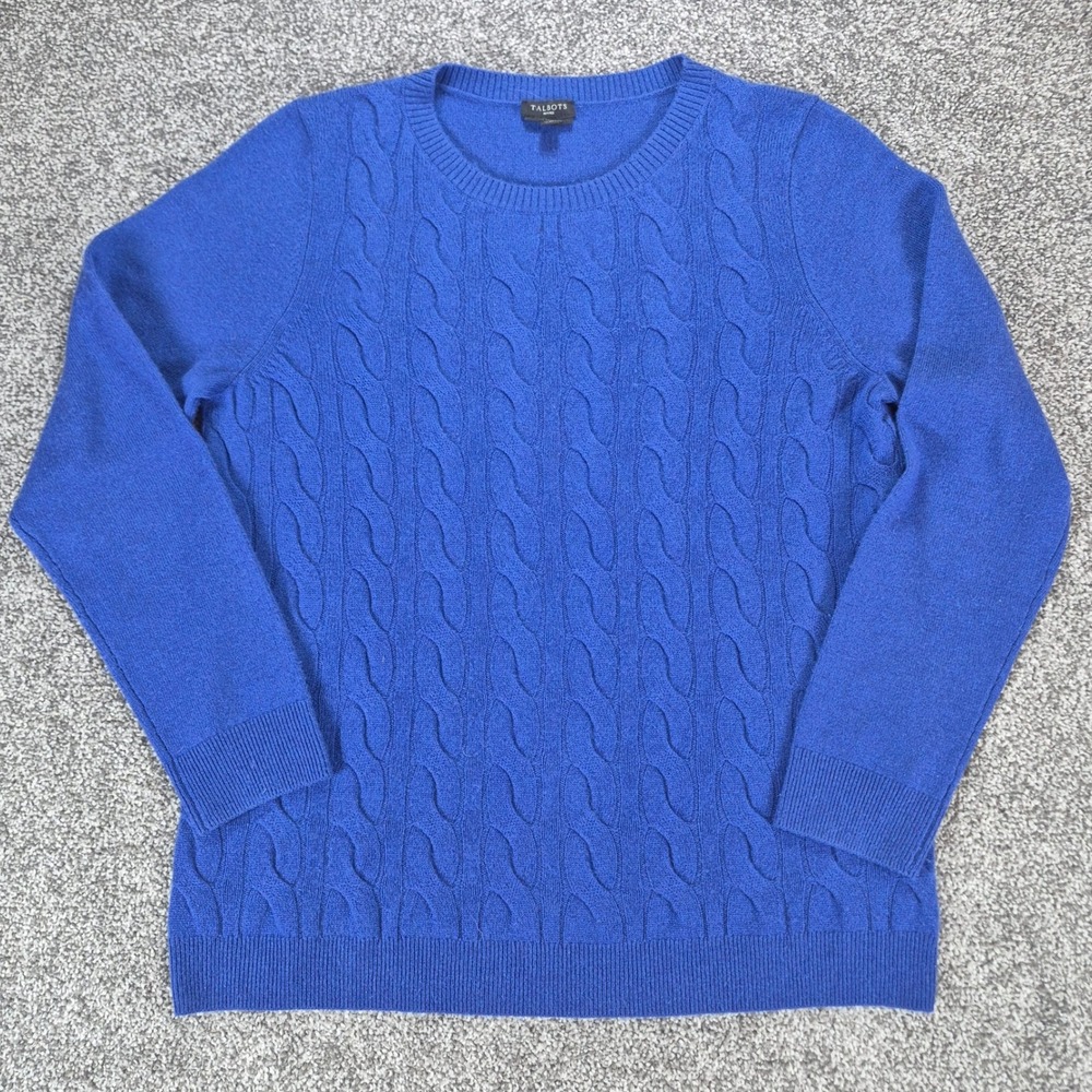 Talbots Pure‎ Cashmere Sweater Womens Large Petite Blue Cable Knit Crewneck